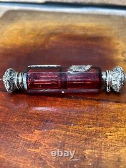 Victorian Cut Ruby Crystal Glass Bottle Silver Top Poison Skull Cyanide Antidote