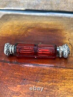 Victorian Cut Ruby Crystal Glass Bottle Silver Top Poison Skull Cyanide Antidote