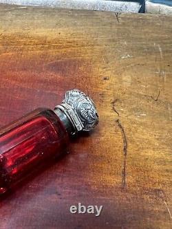 Victorian Cut Ruby Crystal Glass Bottle Silver Top Poison Skull Cyanide Antidote