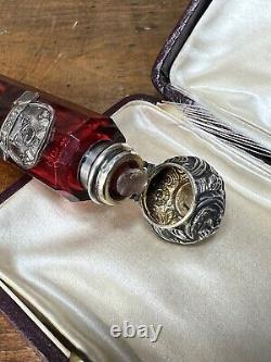 Victorian Cut Ruby Crystal Glass Bottle Silver Top Poison Skull Cyanide Antidote