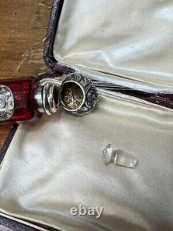 Victorian Cut Ruby Crystal Glass Bottle Silver Top Poison Skull Cyanide Antidote