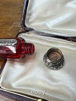 Victorian Cut Ruby Crystal Glass Bottle Silver Top Poison Skull Cyanide Antidote