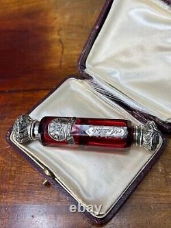 Victorian Cut Ruby Crystal Glass Bottle Silver Top Poison Skull Cyanide Antidote