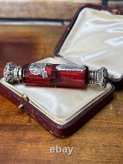 Victorian Cut Ruby Crystal Glass Bottle Silver Top Poison Skull Cyanide Antidote