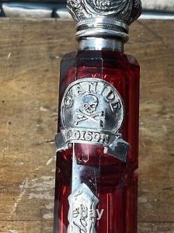 Victorian Cut Ruby Crystal Glass Bottle Silver Top Poison Skull Cyanide Antidote