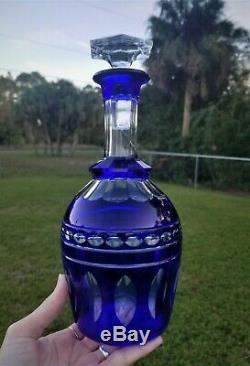 Vintage 10.25 Crystal Decanter Cobalt Cut to Clear Glass Faceted