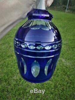 Vintage 10.25 Crystal Decanter Cobalt Cut to Clear Glass Faceted