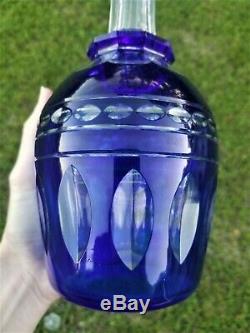 Vintage 10.25 Crystal Decanter Cobalt Cut to Clear Glass Faceted