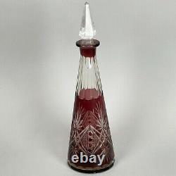 Vintage 50s 60s Bohemian Czech Glass Cut Crystal Cranberry Decanter with 3 Glasses