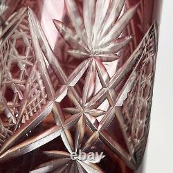 Vintage 50s 60s Bohemian Czech Glass Cut Crystal Cranberry Decanter with 3 Glasses