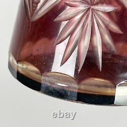 Vintage 50s 60s Bohemian Czech Glass Cut Crystal Cranberry Decanter with 3 Glasses