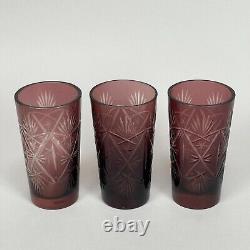 Vintage 50s 60s Bohemian Czech Glass Cut Crystal Cranberry Decanter with 3 Glasses