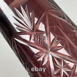 Vintage 50s 60s Bohemian Czech Glass Cut Crystal Cranberry Decanter with 3 Glasses