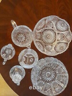 Vintage 7-PC DEEP CUT Crystal Glass Sawtooth Starburst Pinwheel Serving Pieces