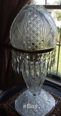 Vintage American Brilliant Cut Glass Crystal Mushroom Shade Lamp With Prisms