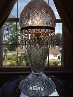 Vintage American Brilliant Cut Glass Crystal Mushroom Shade Lamp With Prisms