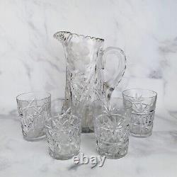 Vintage American Brilliant Cut Glass Pitcher & Set of 4 Matching Glasses Crystal