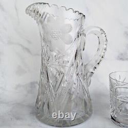Vintage American Brilliant Cut Glass Pitcher & Set of 4 Matching Glasses Crystal