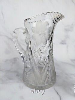 Vintage American Brilliant Cut Glass Pitcher & Set of 4 Matching Glasses Crystal