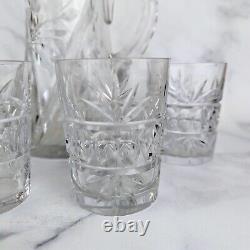 Vintage American Brilliant Cut Glass Pitcher & Set of 4 Matching Glasses Crystal