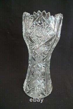 Vintage American Brilliant Cut Glass Tall Size Vase Flower Design 9 1/2 Crystal