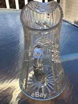 Vintage Antique Etched Floral Daisy Cut Glass Crystal Water Wine Pitcher Heavy