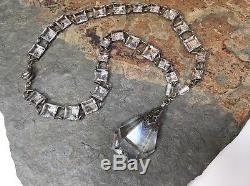 Vintage Art Deco Open Back Bezel Set Crystal Cut Glass Dangle Pendant Necklace