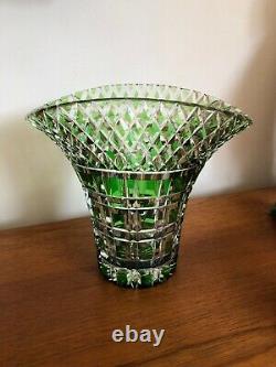 Vintage Art Deco Quality Green Flashed Cut Crystal Glass Basket Vase Bohemian