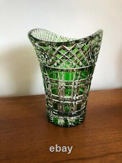 Vintage Art Deco Quality Green Flashed Cut Crystal Glass Basket Vase Bohemian