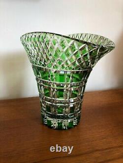 Vintage Art Deco Quality Green Flashed Cut Crystal Glass Basket Vase Bohemian