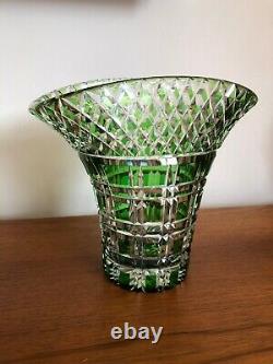 Vintage Art Deco Quality Green Flashed Cut Crystal Glass Basket Vase Bohemian