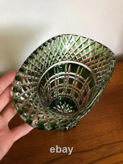 Vintage Art Deco Quality Green Flashed Cut Crystal Glass Basket Vase Bohemian