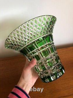 Vintage Art Deco Quality Green Flashed Cut Crystal Glass Basket Vase Bohemian