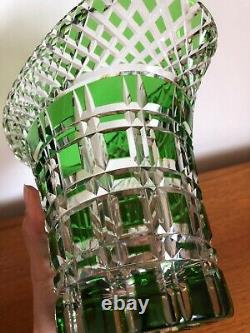 Vintage Art Deco Quality Green Flashed Cut Crystal Glass Basket Vase Bohemian