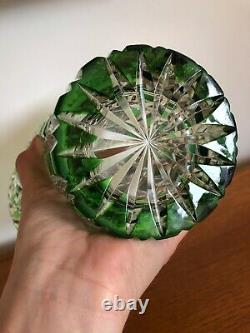 Vintage Art Deco Quality Green Flashed Cut Crystal Glass Basket Vase Bohemian