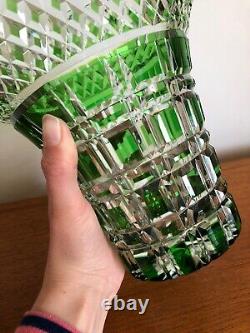 Vintage Art Deco Quality Green Flashed Cut Crystal Glass Basket Vase Bohemian