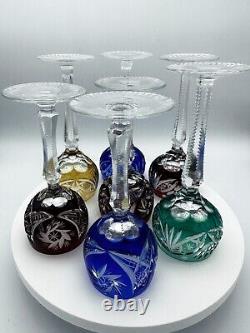 Vintage BOHEMIAN Cut To Clear Crystal Glass Wine Hock Set 7 Nachtmann Ajka