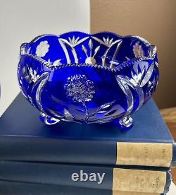 Vintage Blue Bohemian Czech Cut Crystal Footed Bowl