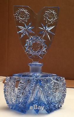 Vintage Blue Cut Crystal Czechoslovakian Perfume Bottle with V-Shaped Stopper
