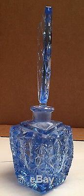 Vintage Blue Cut Crystal Czechoslovakian Perfume Bottle with V-Shaped Stopper