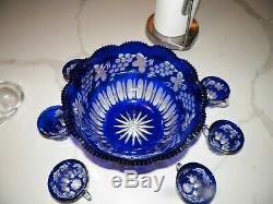 Vintage Blue Cut To Clear Crystal Punch Bowl With Seven (7) Cups Hungary