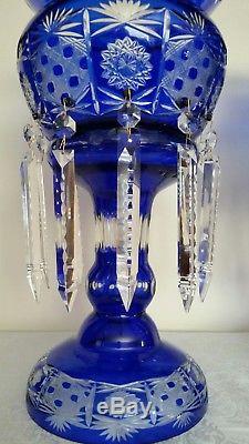 Vintage Bohemia Cobalt Blue Cut To Clear Crystal Lusters withHeavy Prisms 19 Rare