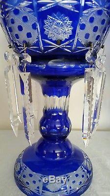 Vintage Bohemia Cobalt Blue Cut To Clear Crystal Lusters withHeavy Prisms 19 Rare