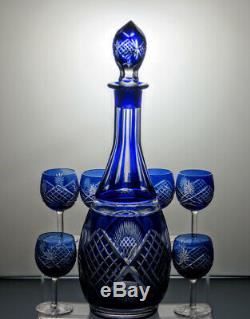 Vintage Bohemia Crystal Cut To Clear Cobalt Blue Decanter With 6 Sherry Glasses