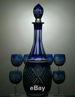 Vintage Bohemia Crystal Cut To Clear Cobalt Blue Decanter With 6 Sherry Glasses