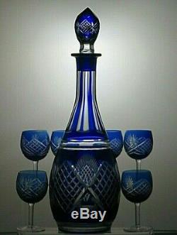 Vintage Bohemia Crystal Cut To Clear Cobalt Blue Decanter With 6 Sherry Glasses