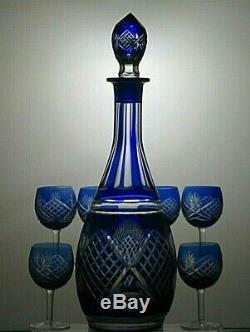 Vintage Bohemia Crystal Cut To Clear Cobalt Blue Decanter With 6 Sherry Glasses