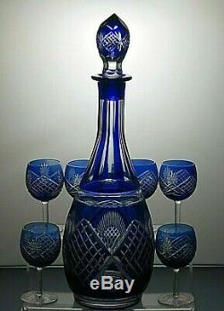 Vintage Bohemia Crystal Cut To Clear Cobalt Blue Decanter With 6 Sherry Glasses