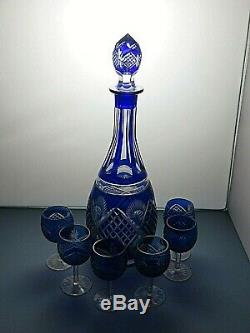 Vintage Bohemia Crystal Cut To Clear Cobalt Blue Decanter With 6 Sherry Glasses