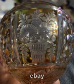 Vintage Bohemian Amber Cut Crystal Compote Hand Cut Engraved Floral Pedestal